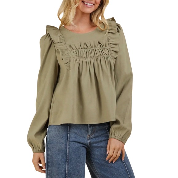 Very J Tops - Very J New In Ruffle Smocked Blouse Womens Large Olive Green Long Sleeve Boho